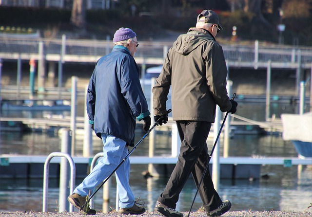 Senior couple walking briskly to support the text 