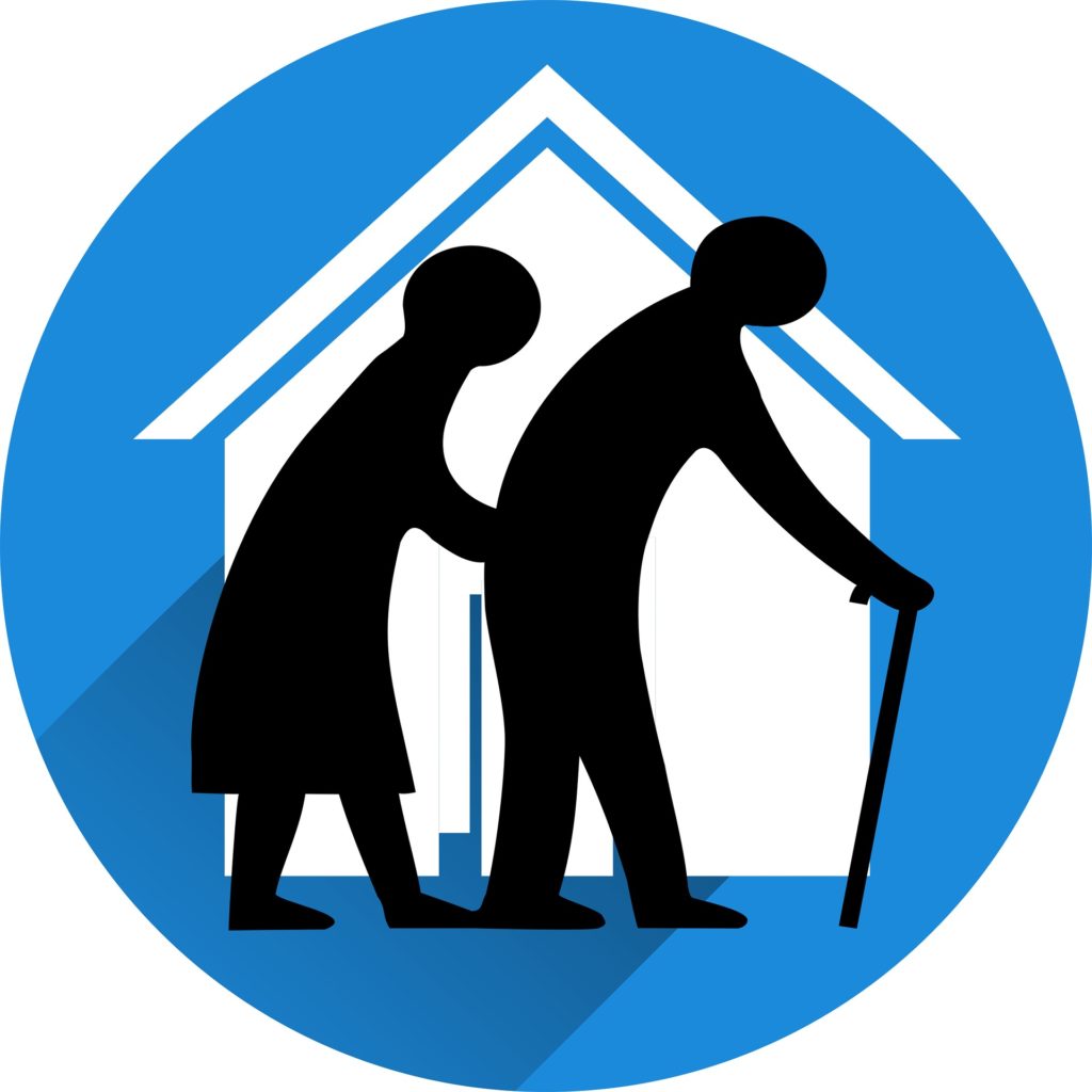 The image shows pensioners in front of their house, in line with the post home security