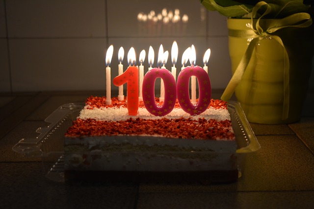 Image of a hundred year old birthday cake to support the text 100+