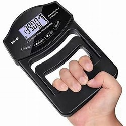 In this case, grip strength is measured by a device called a hand dynamometer. It’s a handheld device you squeeze as hard as you can. 