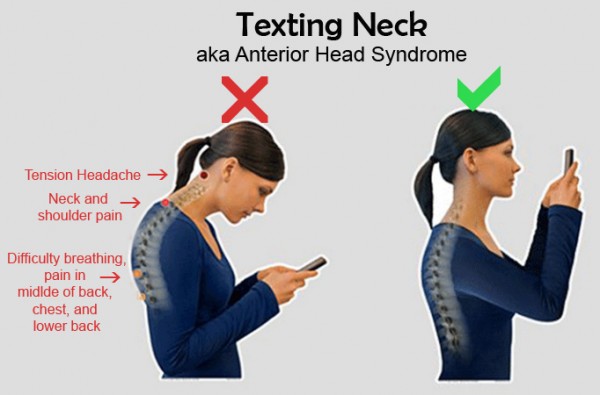 Tech neck,  when they're trying to focus on something or while slouching, and even more so while using the phone, computer or playing video games. Leaning your head forward is a common cause of neck pain, 